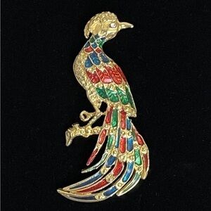 Vintage Bird of Paradise Peacock Brooch Enamel Rhinestone Gold Tone Pin